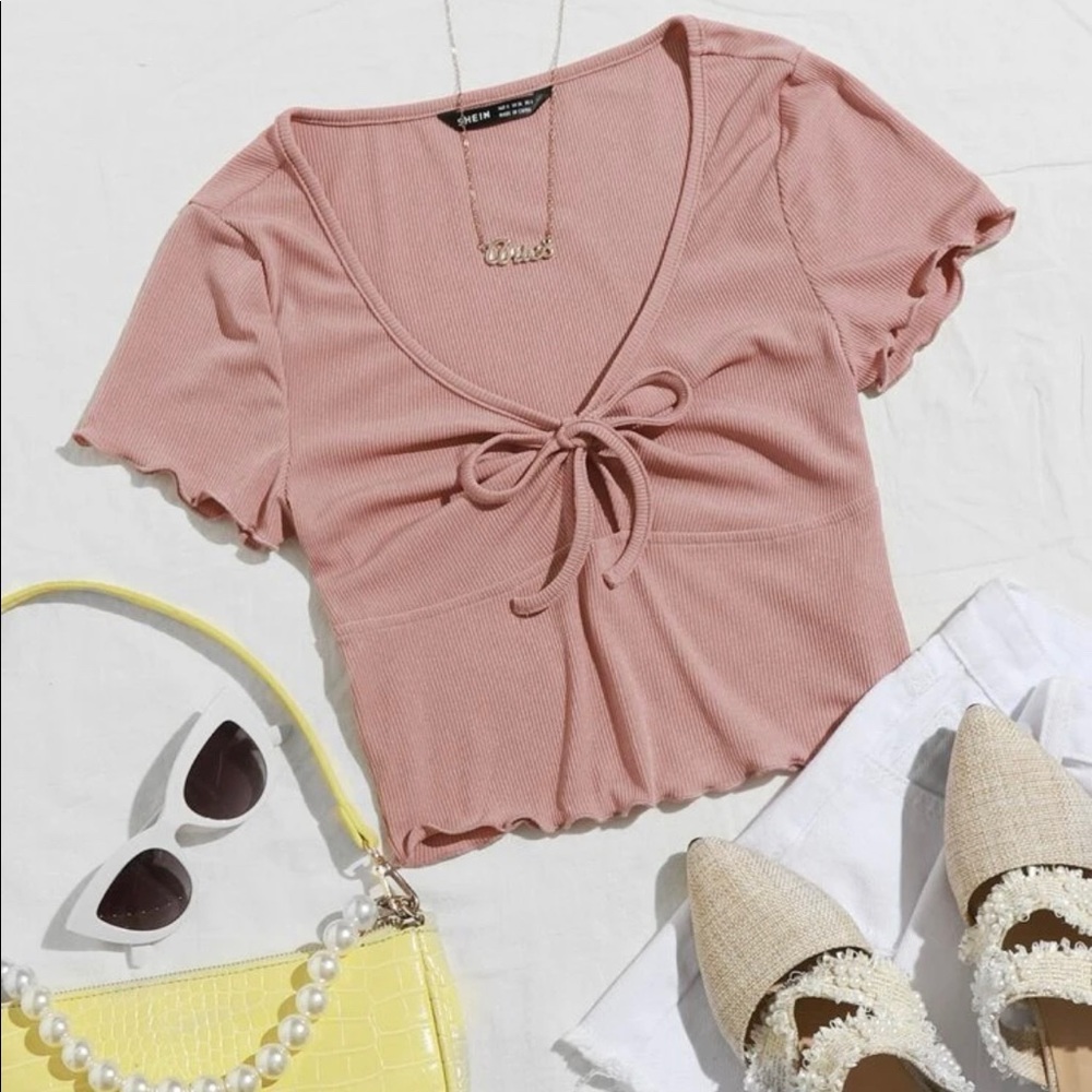 Lettuce Trim Tie Front Rib-knit Peekaboo Top in Dusty Pink